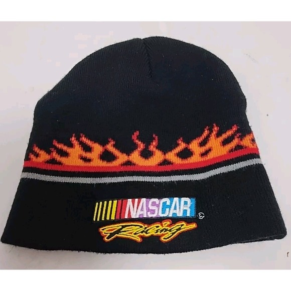NASCAR Racing Beanie Cap Hat Black Knit Stripe Embroidered Toboggan Flames - Picture 1 of 3